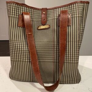 Polo Ralph Lauren Vintage Glen Plaid Coated Canvas Tan Leather Trimmed Tote Bag